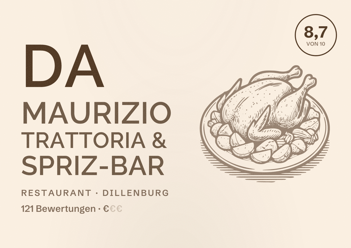 Illustriertes Poster von Da Maurizio Trattoria & Spriz-Bar, Restaurant in Dillenburg: Bewertung 8,7 von 10 aus 121 Bewertungen, Preisniveau €