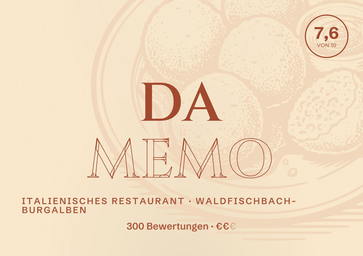 Illustriertes Poster von Da Memo, Italienisches Restaurant in Waldfischbach-Burgalben: Bewertung 7,6 von 10 aus 300 Bewertungen, Preisniveau €€