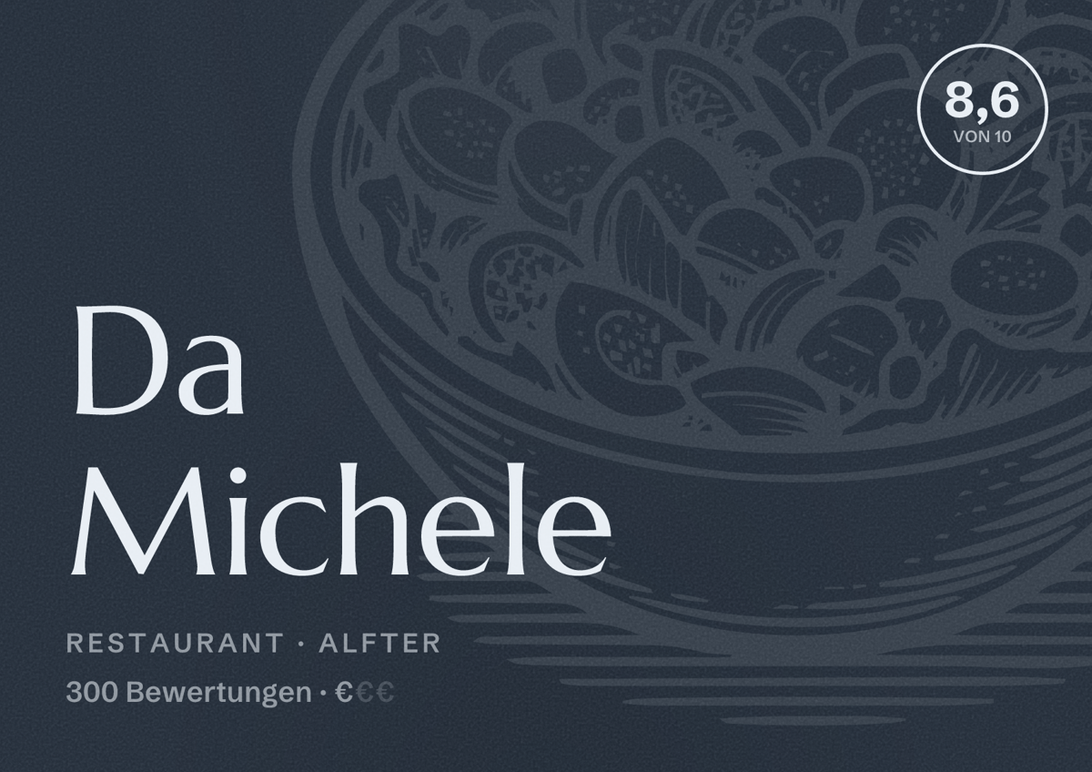 Illustriertes Poster von Da Michele, Restaurant in Alfter: Bewertung 8,6 von 10 aus 300 Bewertungen, Preisniveau €