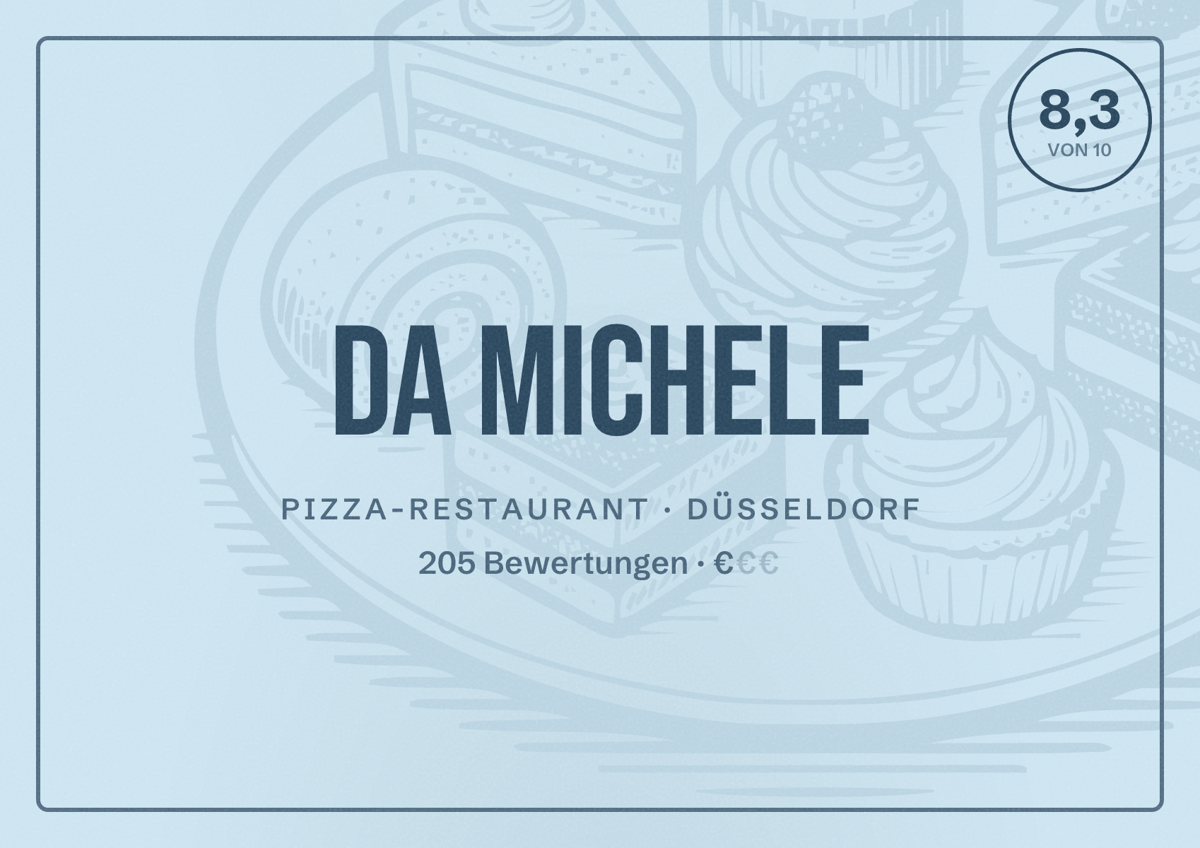 Illustriertes Poster von Da Michele, Pizza-Restaurant in Düsseldorf: Bewertung 8,3 von 10 aus 205 Bewertungen, Preisniveau €