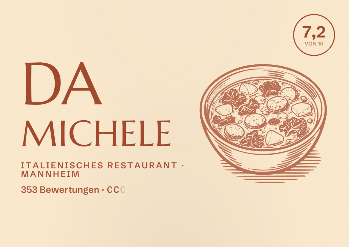 Illustriertes Poster von Da Michele, Italienisches Restaurant in Mannheim: Bewertung 7,2 von 10 aus 353 Bewertungen, Preisniveau €€