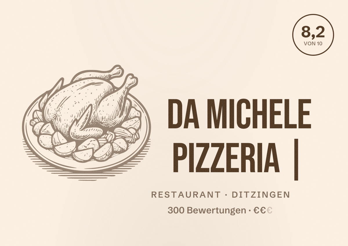 Illustriertes Poster von DA MICHELE PIZZERIA |, Restaurant in Ditzingen: Bewertung 8,2 von 10 aus 300 Bewertungen, Preisniveau €€