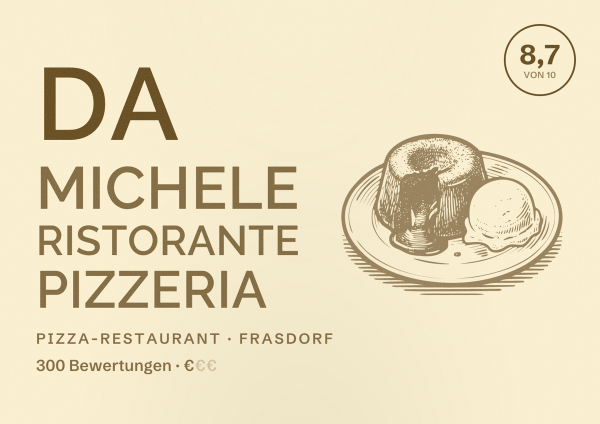 Illustriertes Poster von Da Michele Ristorante Pizzeria, Pizza-Restaurant in Frasdorf: Bewertung 8,7 von 10 aus 300 Bewertungen, Preisniveau €