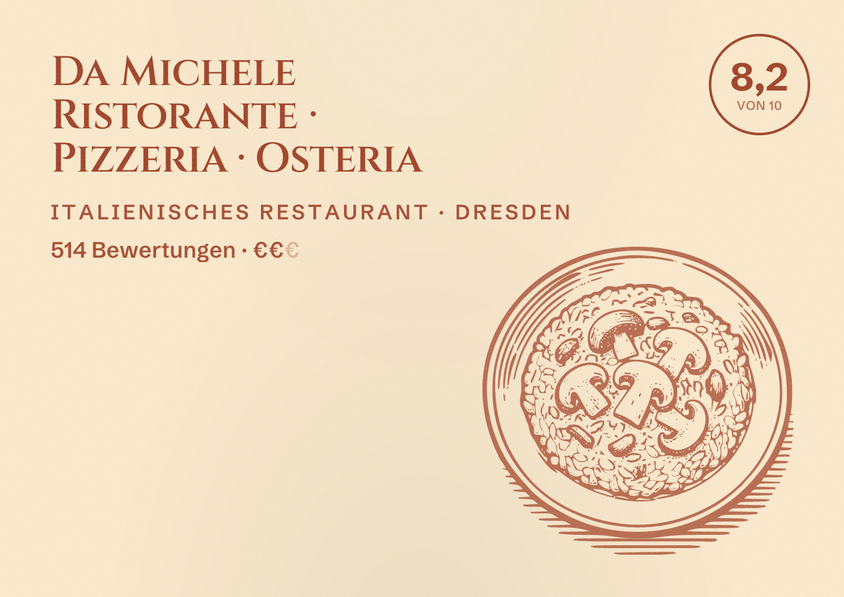Illustriertes Poster von Da Michele Ristorante · Pizzeria · Osteria, Italienisches Restaurant in Dresden: Bewertung 8,2 von 10 aus 514 Bewertungen, Preisniveau €€