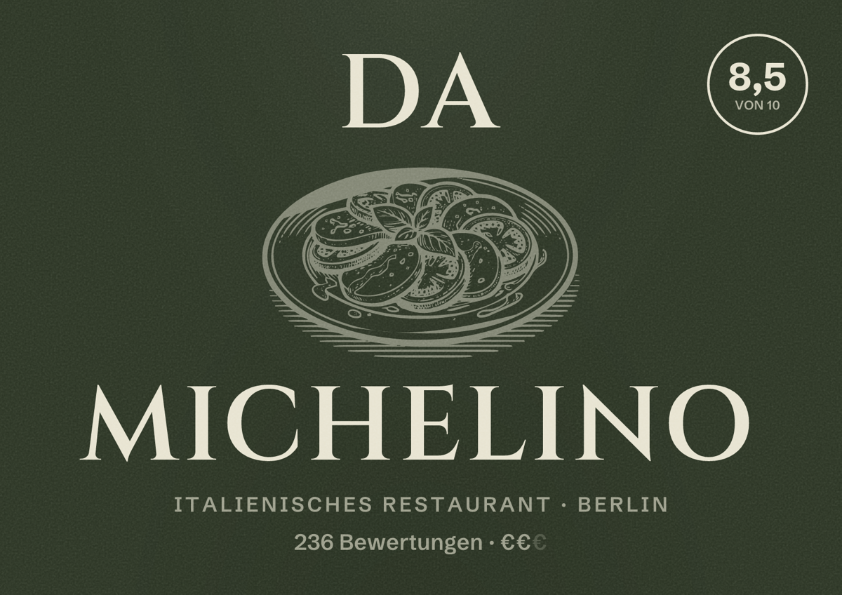 Illustriertes Poster von da Michelino, Italienisches Restaurant in Berlin: Bewertung 8,5 von 10 aus 236 Bewertungen, Preisniveau €€