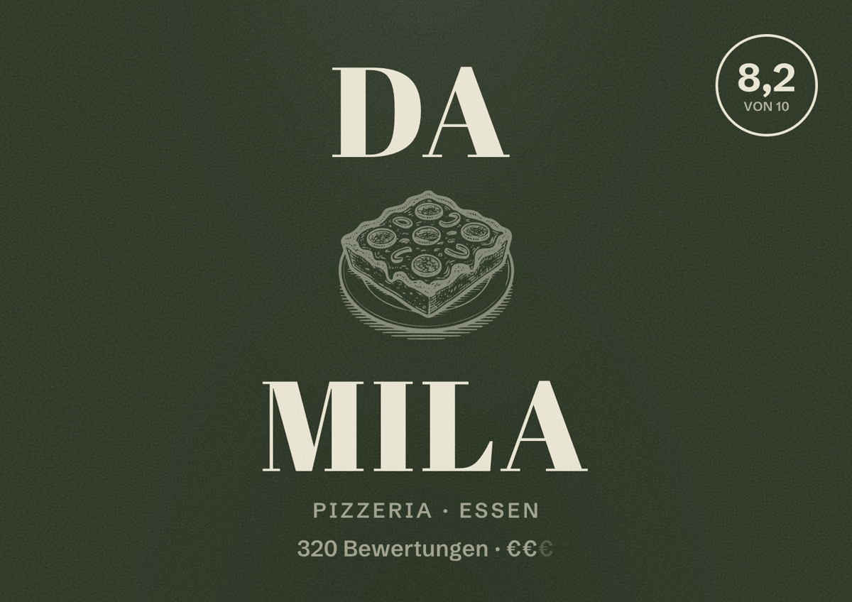 Illustriertes Poster von Da Mila, Pizzeria in Essen: Bewertung 8,2 von 10 aus 320 Bewertungen, Preisniveau €€