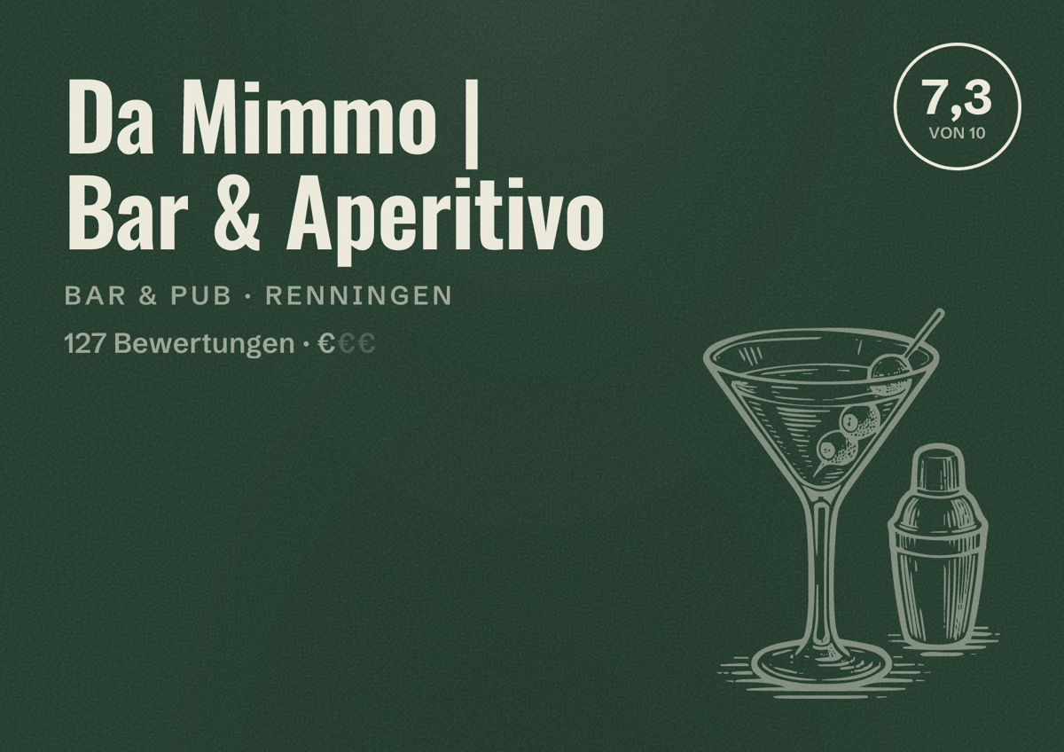 Illustriertes Poster von Da Mimmo | Bar & Aperitivo, Bar & Pub in Renningen: Bewertung 7,3 von 10 aus 127 Bewertungen, Preisniveau €