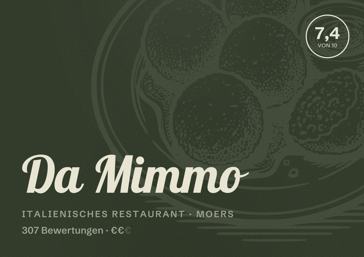 Illustriertes Poster von Da Mimmo, Italienisches Restaurant in Moers: Bewertung 7,4 von 10 aus 307 Bewertungen, Preisniveau €€