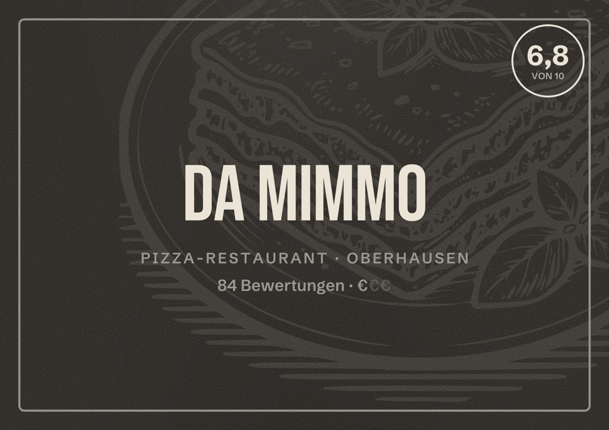 Illustriertes Poster von Da Mimmo, Pizza-Restaurant in Oberhausen: Bewertung 6,8 von 10 aus 84 Bewertungen, Preisniveau €