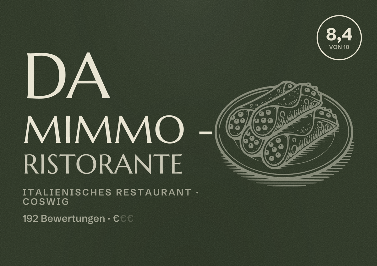 Illustriertes Poster von Da Mimmo - Ristorante, Italienisches Restaurant in Coswig: Bewertung 8,4 von 10 aus 192 Bewertungen, Preisniveau €