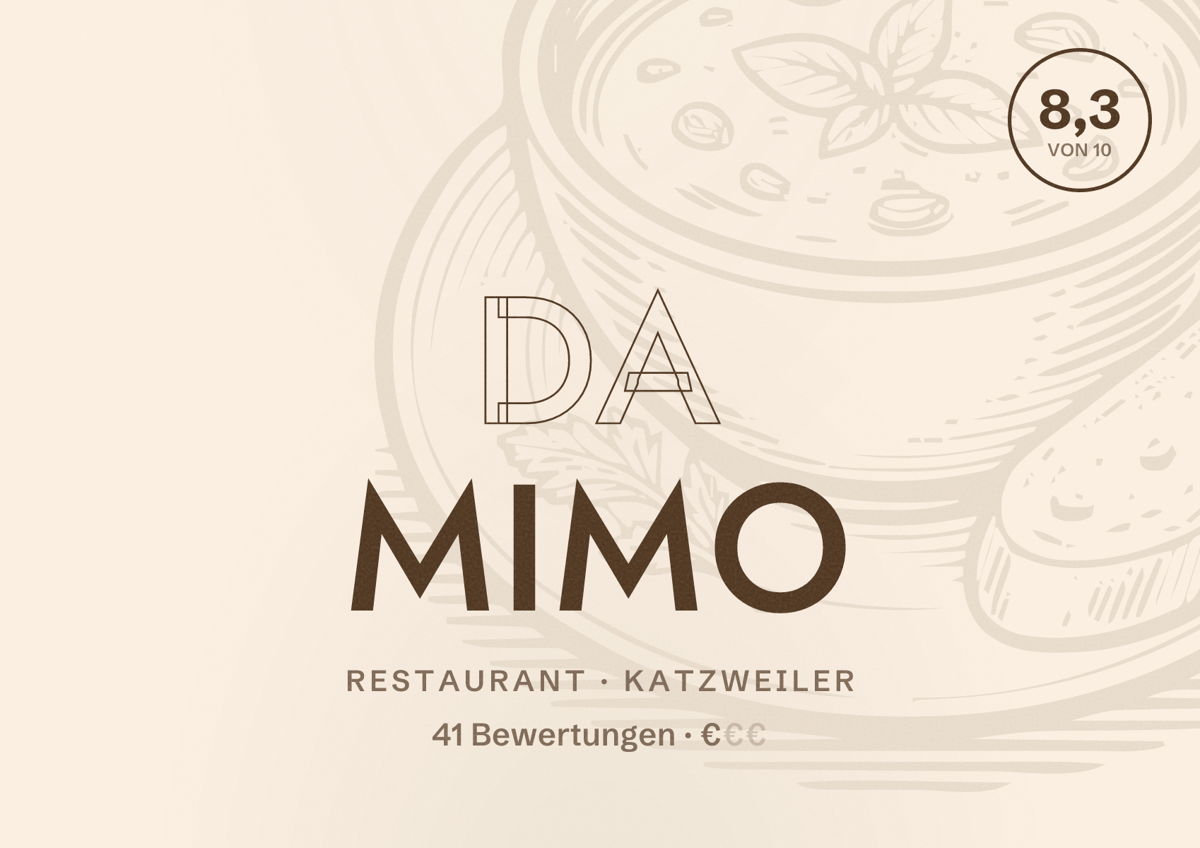 Illustriertes Poster von Da Mimo, Restaurant in Katzweiler: Bewertung 8,3 von 10 aus 41 Bewertungen, Preisniveau €