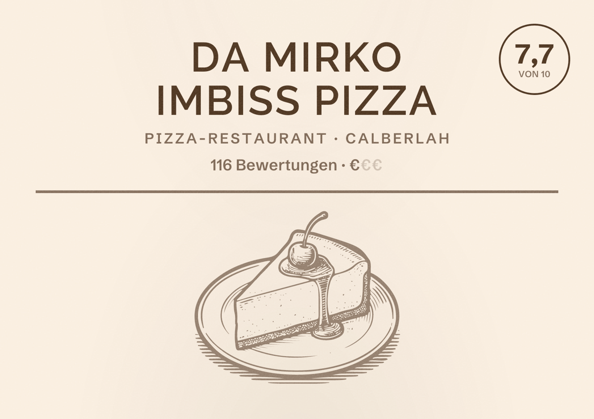Illustriertes Poster von Da Mirko Imbiss Pizza, Pizza-Restaurant in Calberlah: Bewertung 7,7 von 10 aus 116 Bewertungen, Preisniveau €