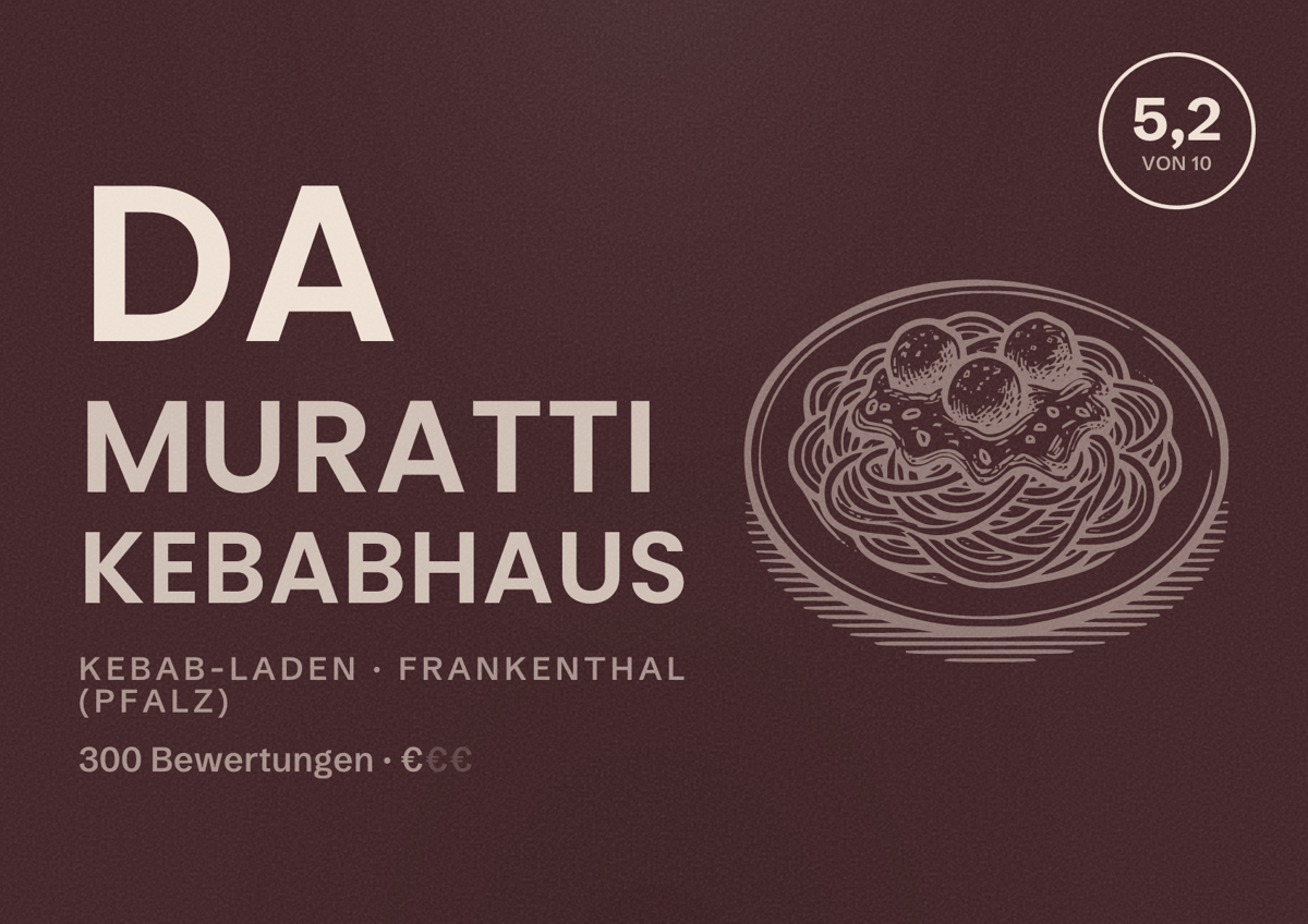 Illustriertes Poster von Da Muratti Kebabhaus, Kebab-Laden in Frankenthal (Pfalz): Bewertung 5,2 von 10 aus 300 Bewertungen, Preisniveau €