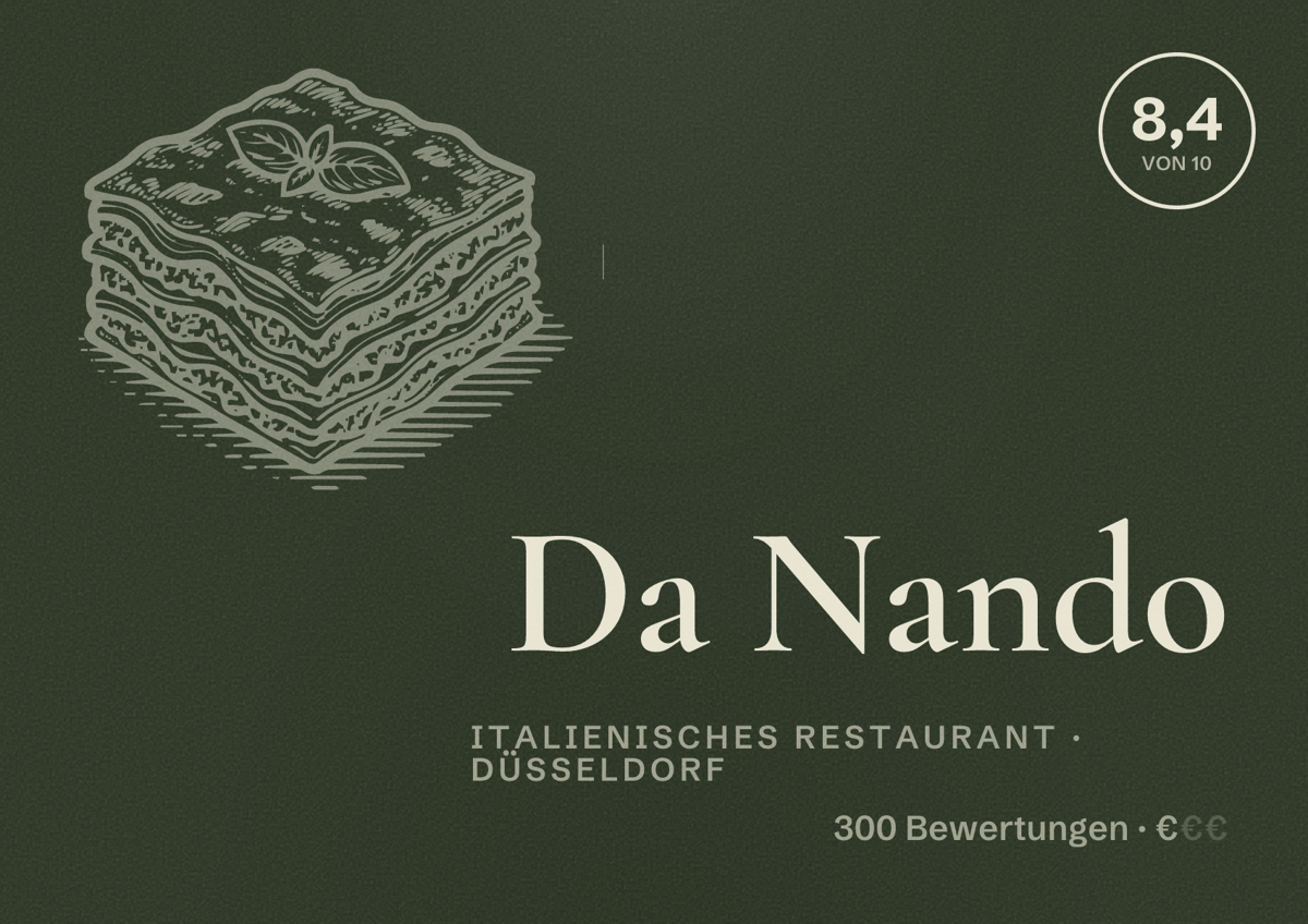 Illustriertes Poster von Da Nando, Italienisches Restaurant in Düsseldorf: Bewertung 8,4 von 10 aus 300 Bewertungen, Preisniveau €