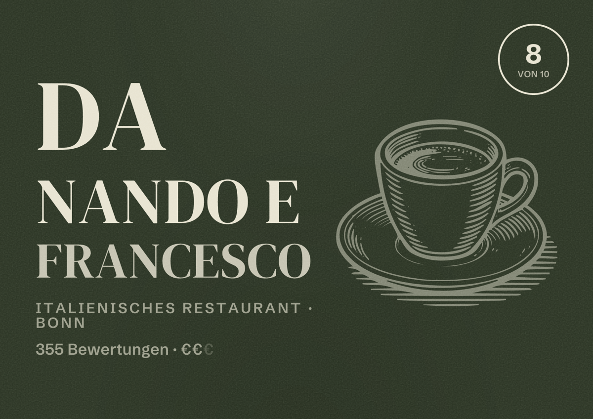 Illustriertes Poster von Da Nando e Francesco, Italienisches Restaurant in Bonn: Bewertung 8 von 10 aus 355 Bewertungen, Preisniveau €€