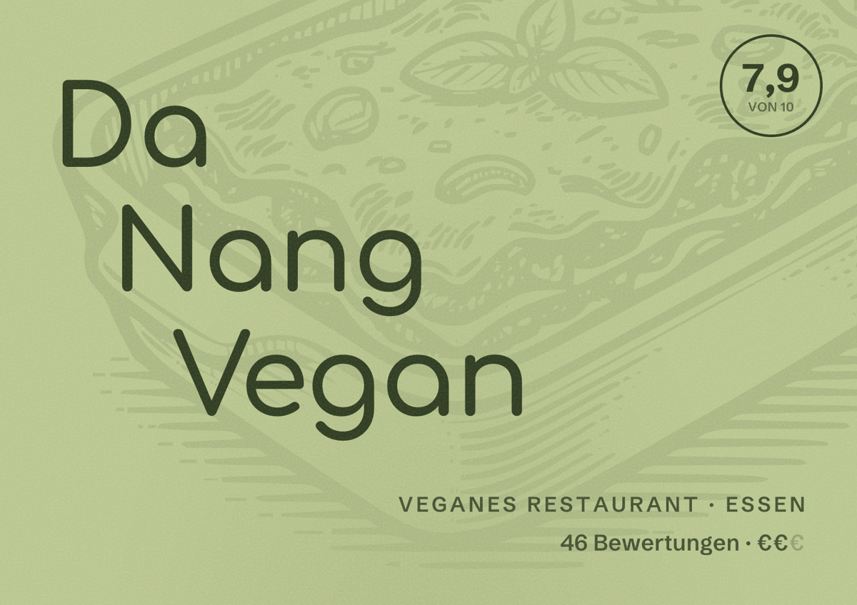 Illustriertes Poster von Da Nang Vegan, Veganes Restaurant in Essen: Bewertung 7,9 von 10 aus 46 Bewertungen, Preisniveau €€