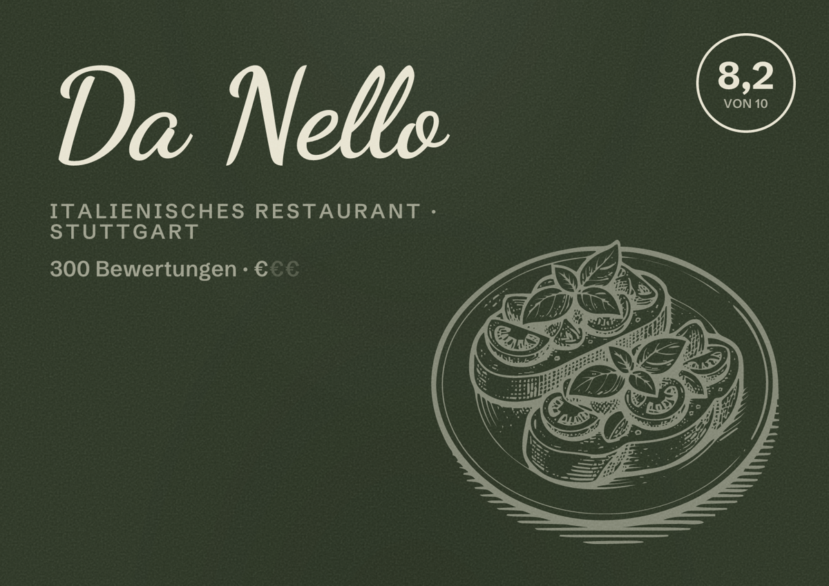 Illustriertes Poster von Da Nello, Italienisches Restaurant in Stuttgart: Bewertung 8,2 von 10 aus 300 Bewertungen, Preisniveau €