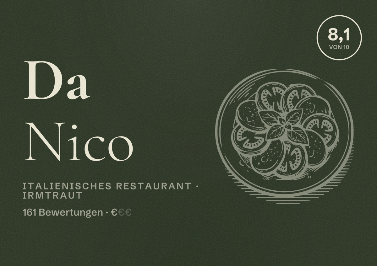 Illustriertes Poster von Da Nico, Italienisches Restaurant in Irmtraut: Bewertung 8,1 von 10 aus 161 Bewertungen, Preisniveau €
