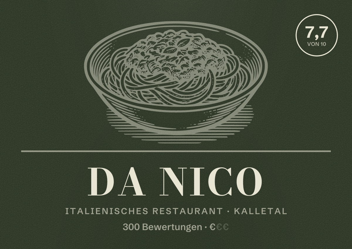 Illustriertes Poster von Da Nico, Italienisches Restaurant in Kalletal: Bewertung 7,7 von 10 aus 300 Bewertungen, Preisniveau €