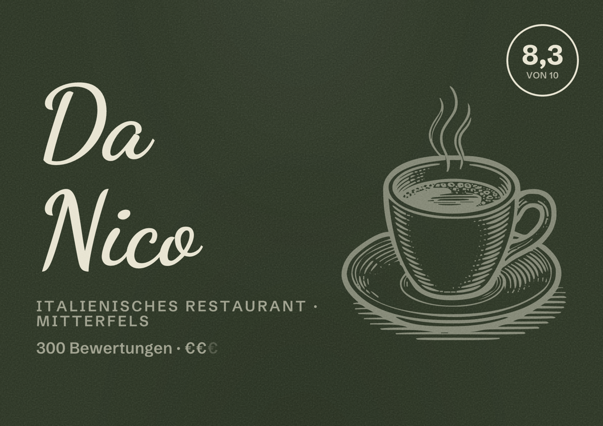 Illustriertes Poster von Da Nico, Italienisches Restaurant in Mitterfels: Bewertung 8,3 von 10 aus 300 Bewertungen, Preisniveau €€