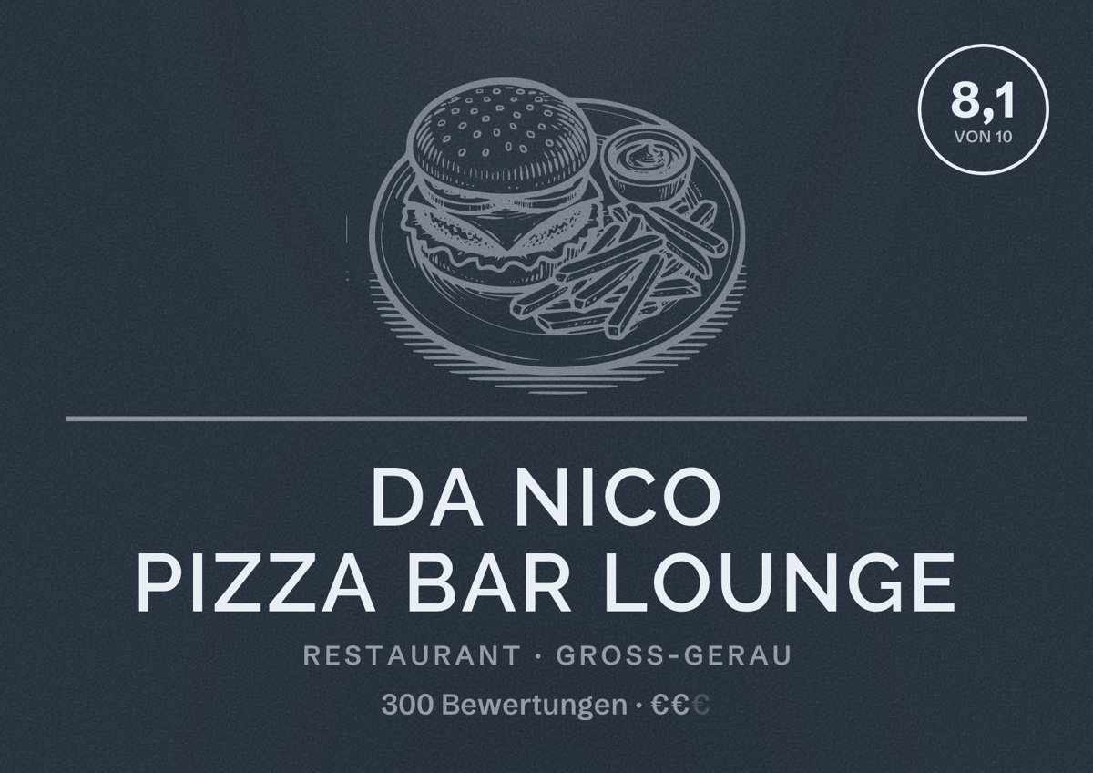 Illustriertes Poster von Da Nico Pizza Bar Lounge, Restaurant in Groß-Gerau: Bewertung 8,1 von 10 aus 300 Bewertungen, Preisniveau €€