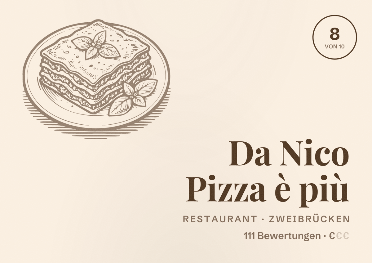 Illustriertes Poster von Da Nico Pizza è più, Restaurant in Zweibrücken: Bewertung 8 von 10 aus 111 Bewertungen, Preisniveau €