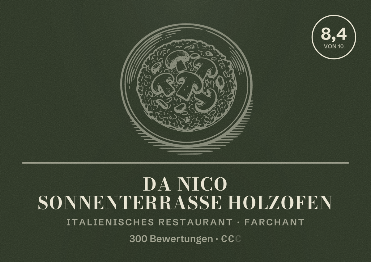 Illustriertes Poster von Da Nico Sonnenterrasse Holzofen, Italienisches Restaurant in Farchant: Bewertung 8,4 von 10 aus 300 Bewertungen, Preisniveau €€