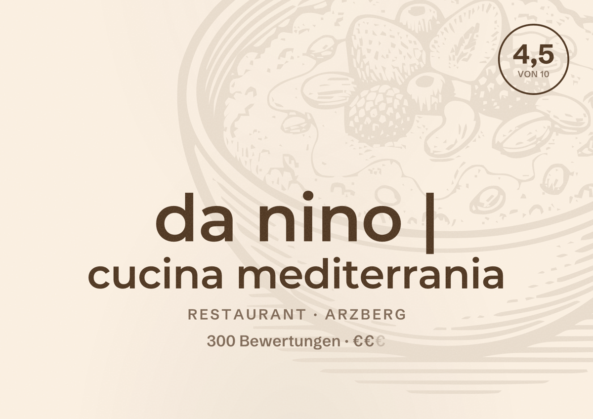 Illustriertes Poster von da nino | cucina mediterrania, Restaurant in Arzberg: Bewertung 4,5 von 10 aus 300 Bewertungen, Preisniveau €€