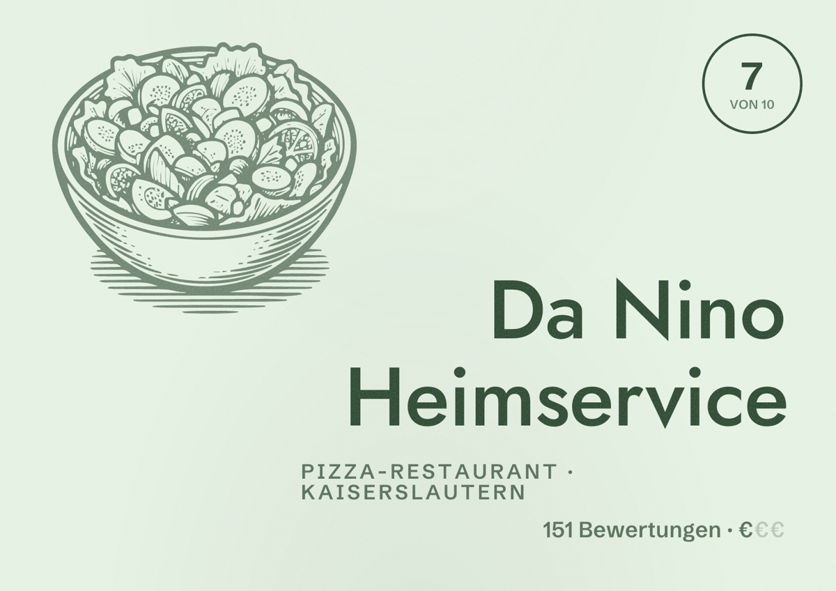 Illustriertes Poster von Da Nino Heimservice, Pizza-Restaurant in Kaiserslautern: Bewertung 7 von 10 aus 151 Bewertungen, Preisniveau €