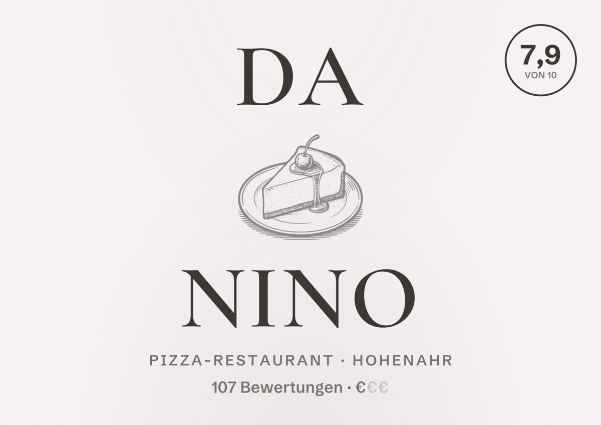 Illustriertes Poster von Da Nino, Pizza-Restaurant in Hohenahr: Bewertung 7,9 von 10 aus 107 Bewertungen, Preisniveau €