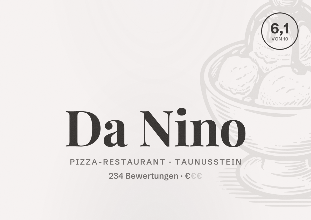 Illustriertes Poster von Da Nino, Pizza-Restaurant in Taunusstein: Bewertung 6,1 von 10 aus 234 Bewertungen, Preisniveau €