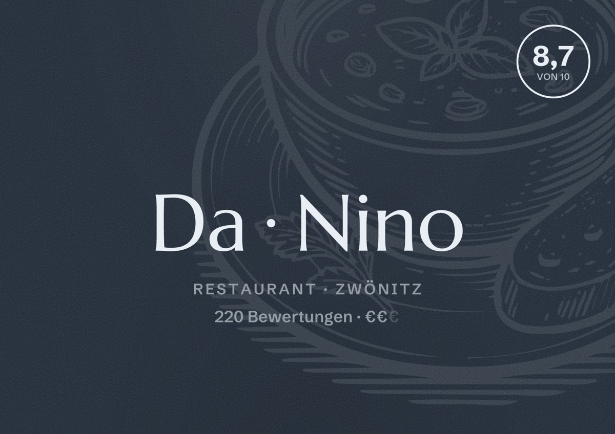 Illustriertes Poster von Da Nino, Restaurant in Zwönitz: Bewertung 8,7 von 10 aus 220 Bewertungen, Preisniveau €€