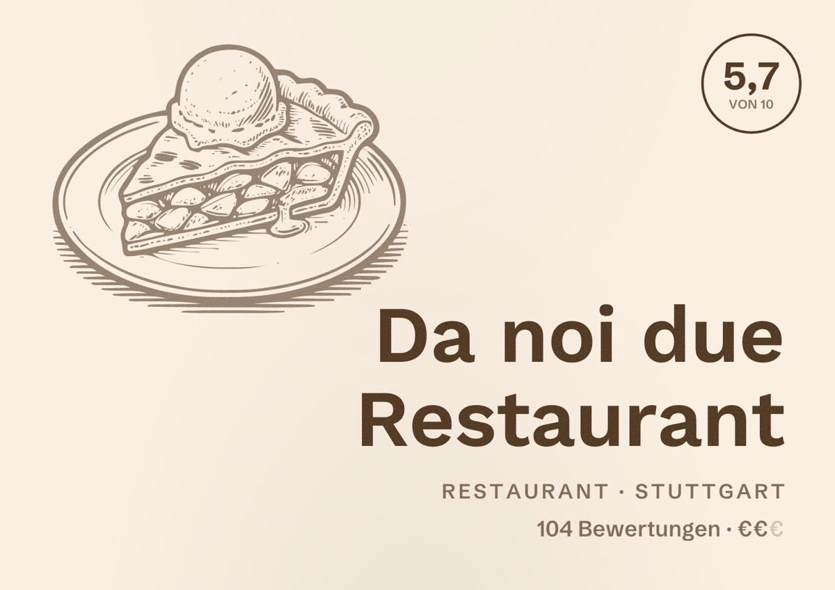 Illustriertes Poster von Da noi due Restaurant, Restaurant in Stuttgart: Bewertung 5,7 von 10 aus 104 Bewertungen, Preisniveau €€