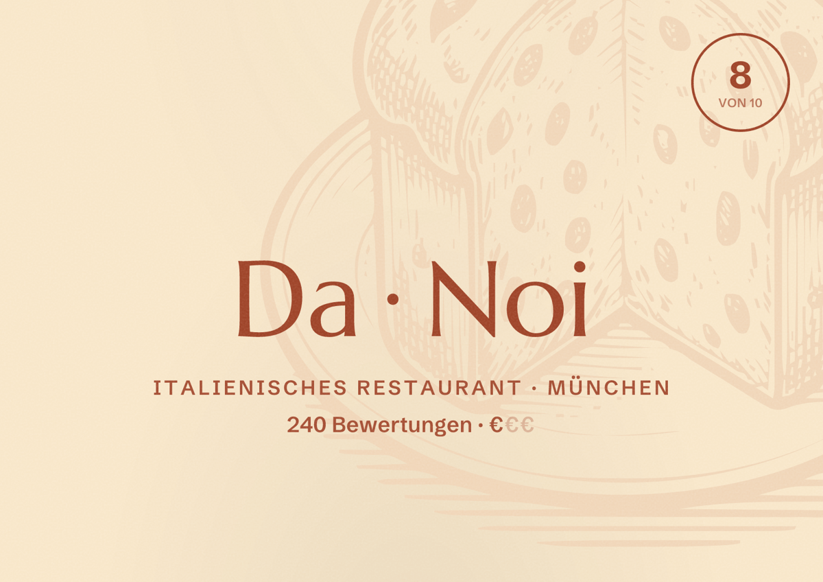 Illustriertes Poster von Da Noi, Italienisches Restaurant in München: Bewertung 8,0 von 10 aus 240 Bewertungen, Preisniveau €