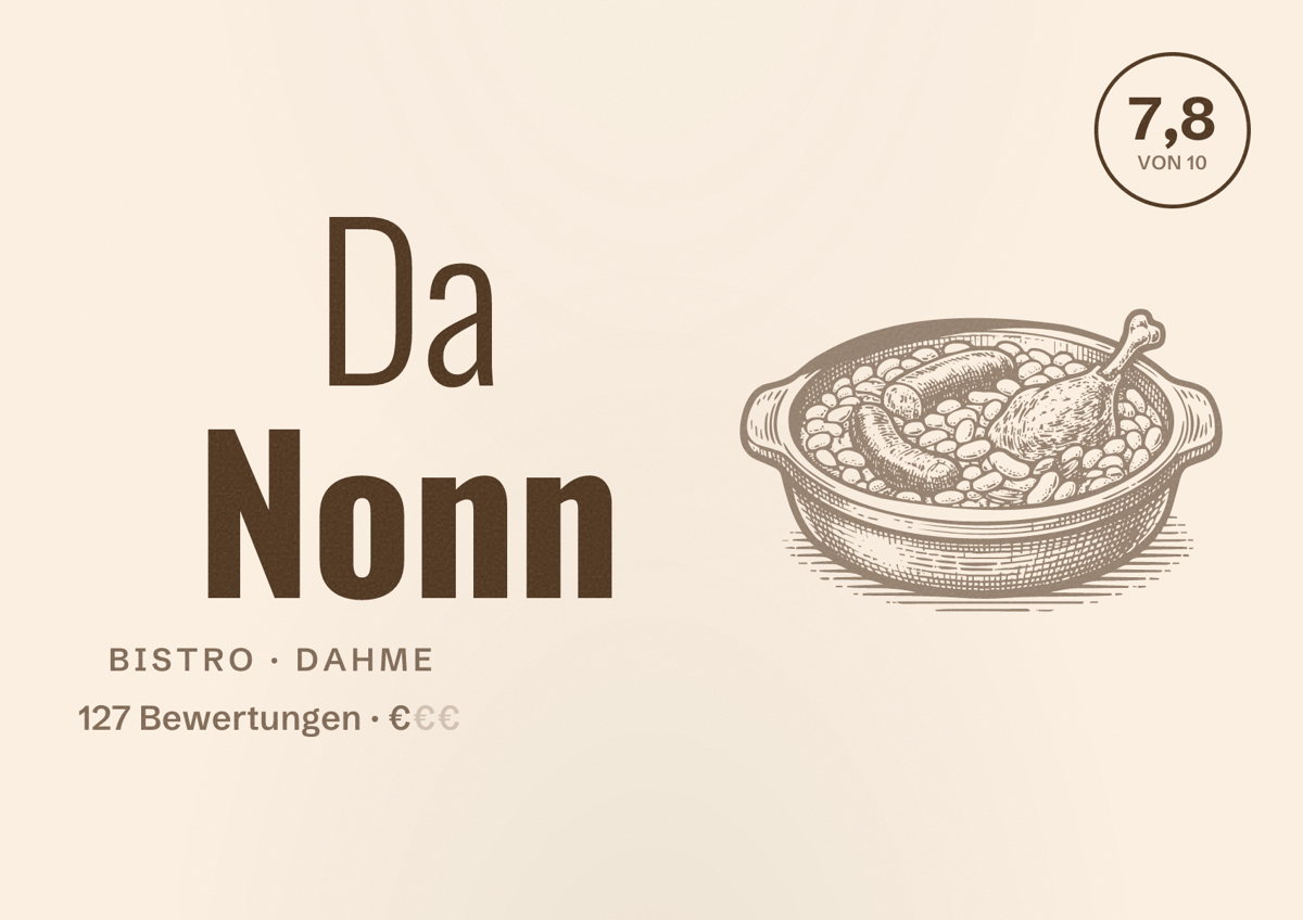 Illustriertes Poster von Da Nonn, Bistro in Dahme: Bewertung 7,8 von 10 aus 127 Bewertungen, Preisniveau €