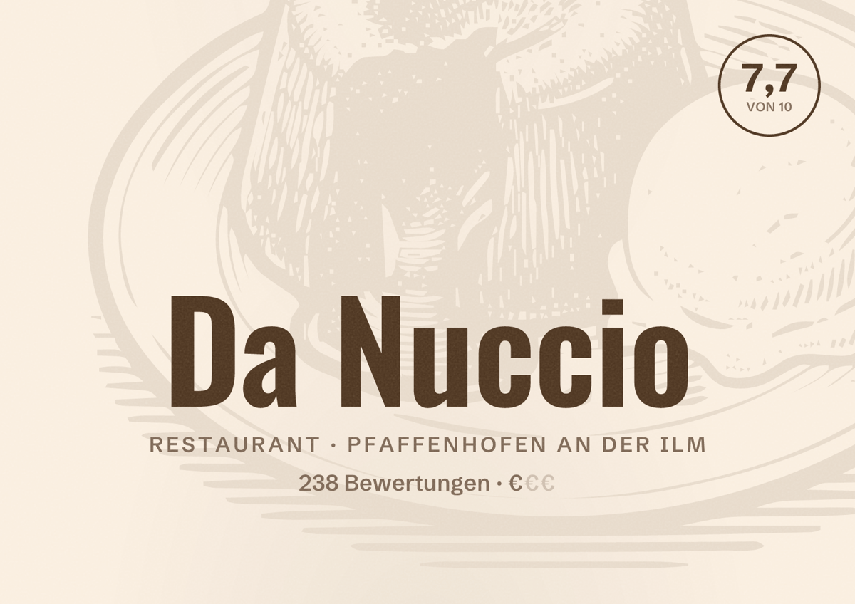 Illustriertes Poster von Da Nuccio, Restaurant in Pfaffenhofen an der Ilm: Bewertung 7,7 von 10 aus 238 Bewertungen, Preisniveau €