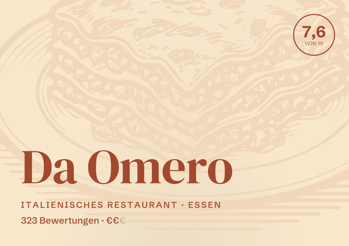 Illustriertes Poster von Da Omero, Italienisches Restaurant in Essen: Bewertung 7,6 von 10 aus 323 Bewertungen, Preisniveau €€