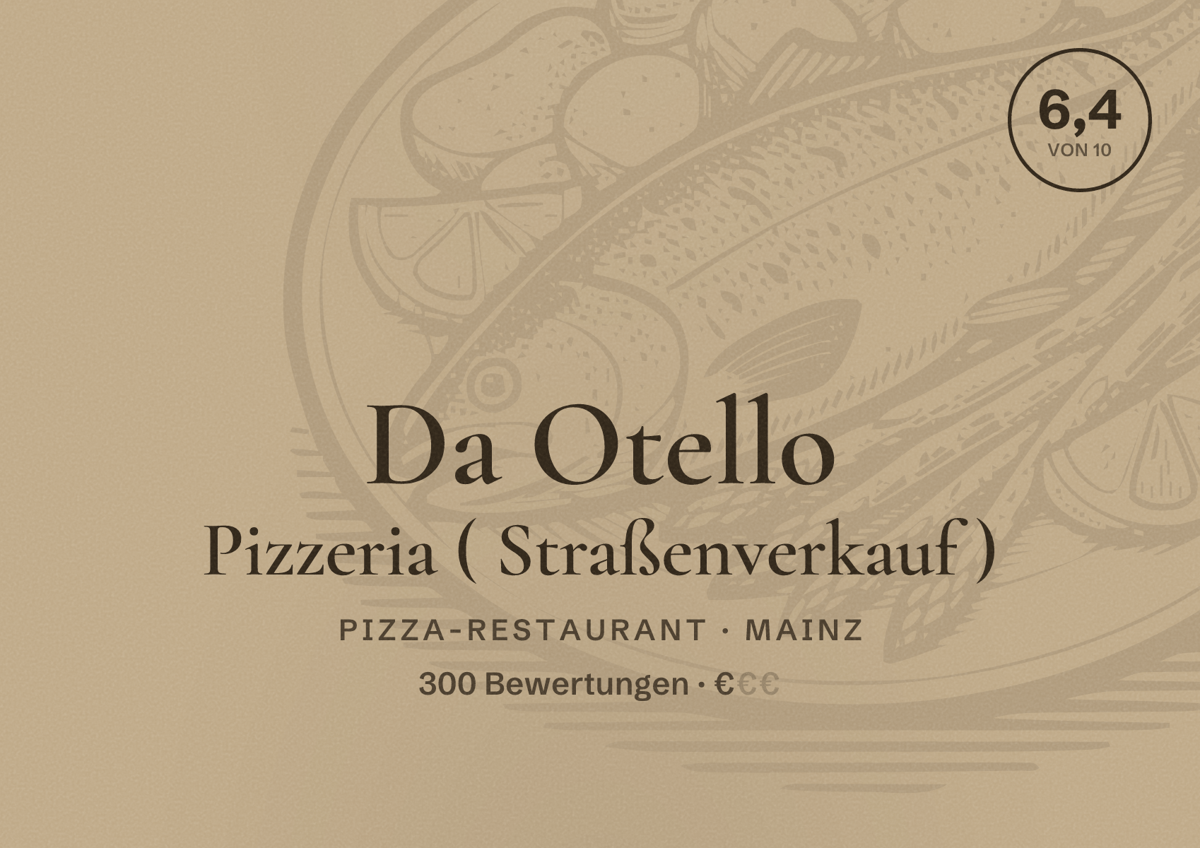 Illustriertes Poster von Da Otello Pizzeria ( Straßenverkauf ), Pizza-Restaurant in Mainz: Bewertung 6,4 von 10 aus 300 Bewertungen, Preisniveau €