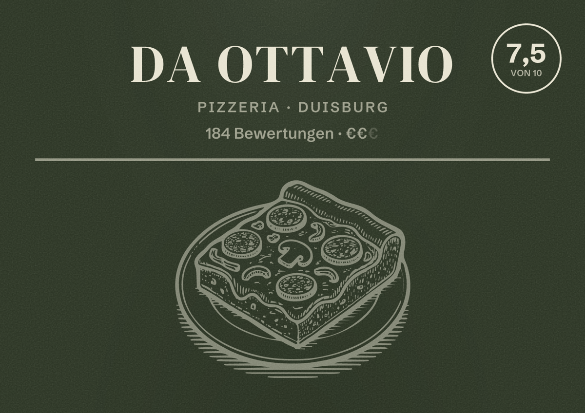 Illustriertes Poster von Da Ottavio, Pizzeria in Duisburg: Bewertung 7,5 von 10 aus 184 Bewertungen, Preisniveau €€