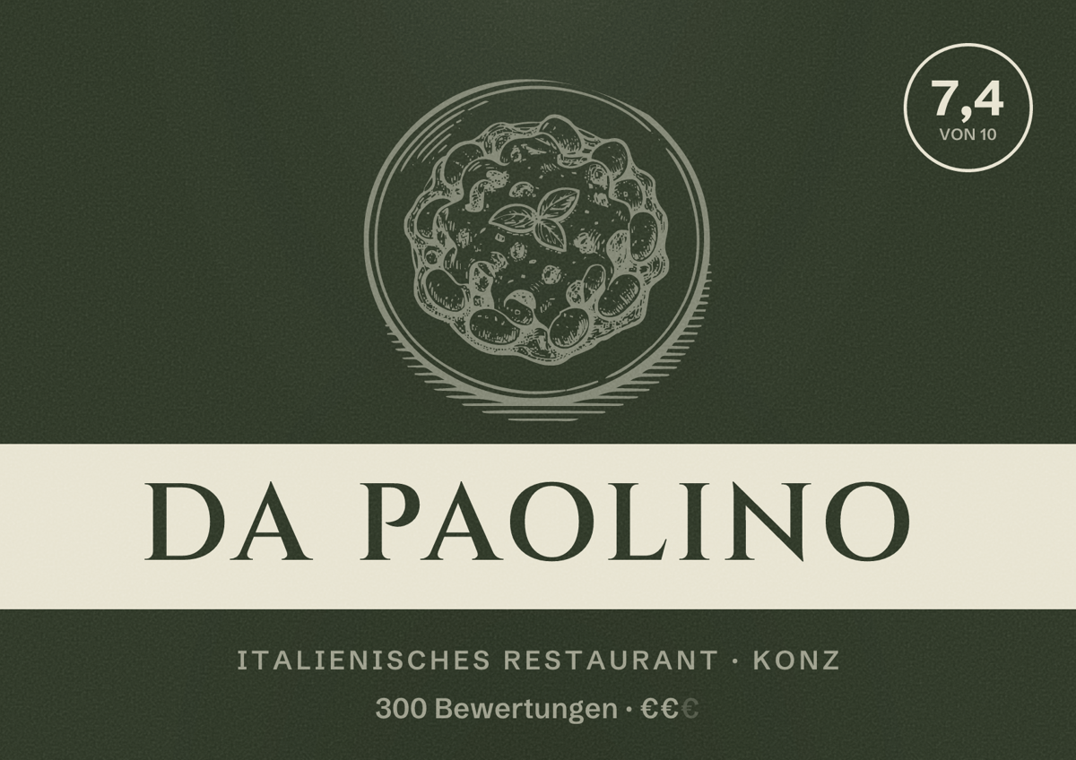 Illustriertes Poster von Da Paolino, Italienisches Restaurant in Konz: Bewertung 7,4 von 10 aus 300 Bewertungen, Preisniveau €€