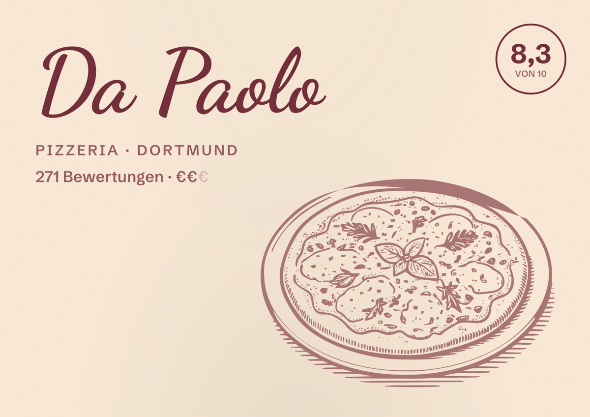 Illustriertes Poster von Da Paolo, Pizzeria in Dortmund: Bewertung 8,3 von 10 aus 271 Bewertungen, Preisniveau €€