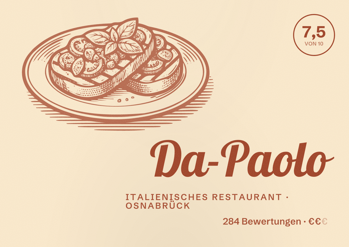 Illustriertes Poster von Da-Paolo, Italienisches Restaurant in Osnabrück: Bewertung 7,5 von 10 aus 284 Bewertungen, Preisniveau €€