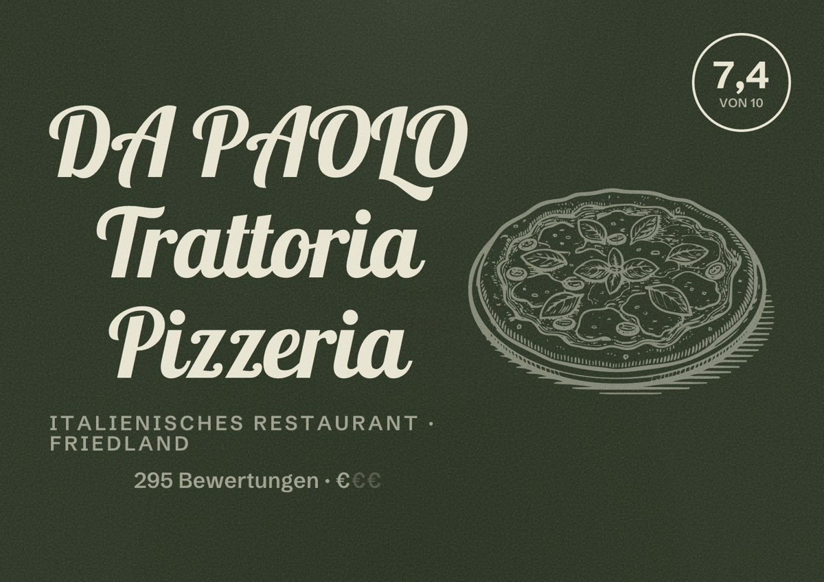 Illustriertes Poster von DA PAOLO Trattoria Pizzeria, Italienisches Restaurant in Friedland: Bewertung 7,4 von 10 aus 295 Bewertungen, Preisniveau €