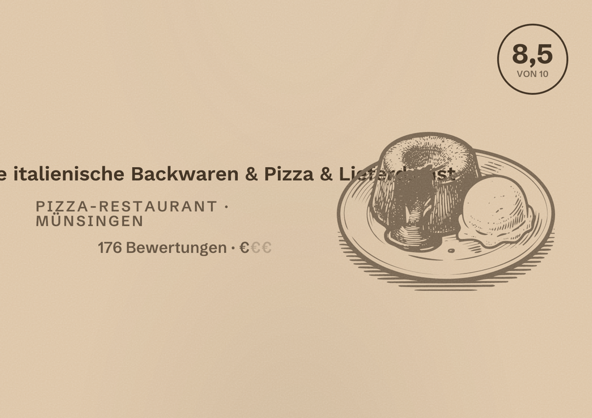 Illustriertes Poster von Da Peppe italienische Backwaren & Pizza & Lieferdienst, Pizza-Restaurant in Münsingen: Bewertung 8,5 von 10 aus 176 Bewertungen, Preisniveau €