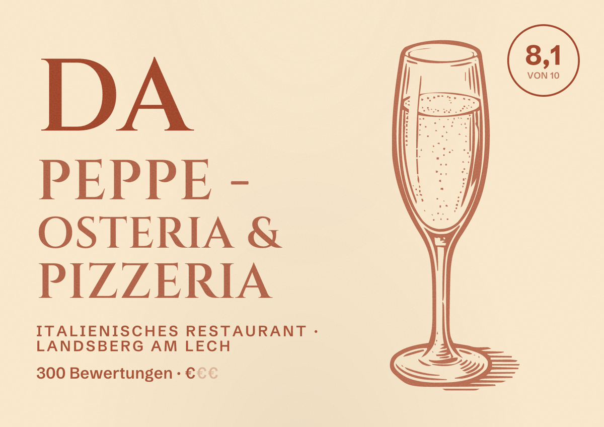 Illustriertes Poster von Da Peppe - Osteria & Pizzeria, Italienisches Restaurant in Landsberg am Lech: Bewertung 8,1 von 10 aus 300 Bewertungen, Preisniveau €