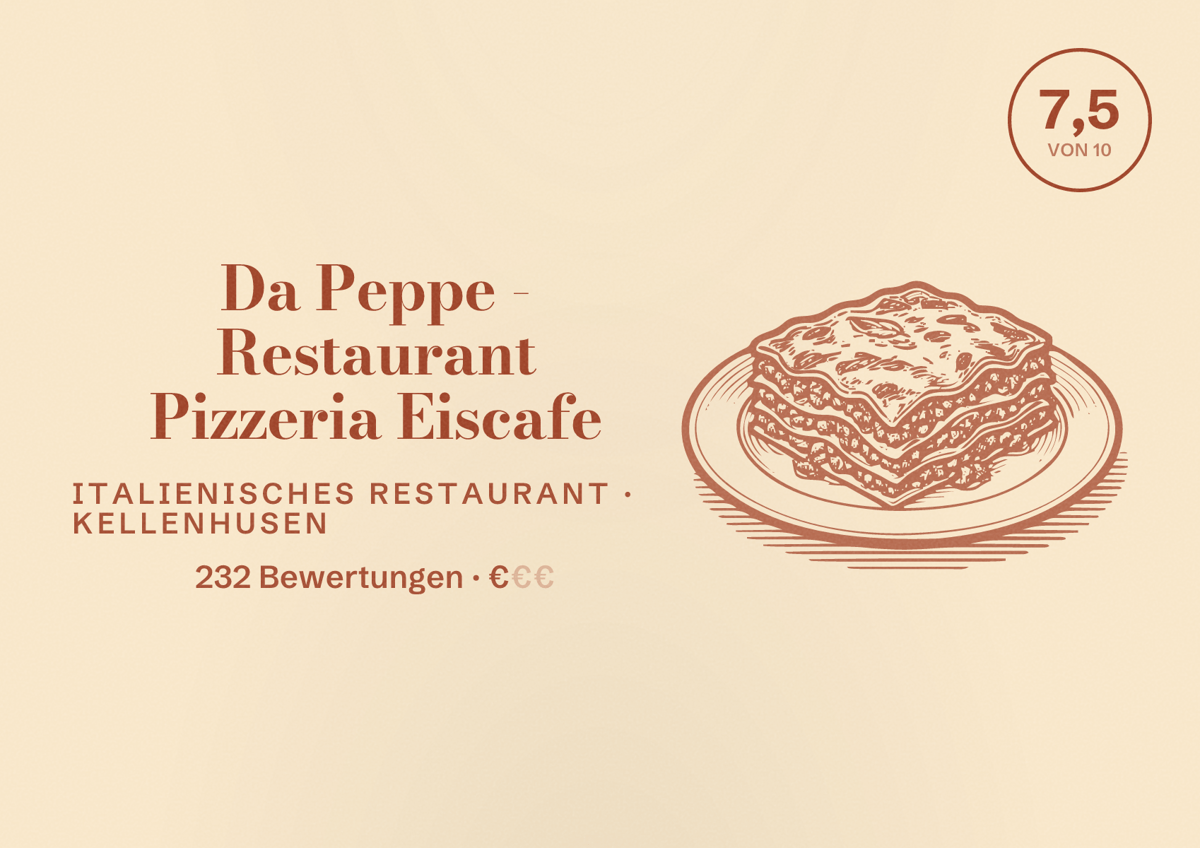 Illustriertes Poster von Da Peppe - Restaurant Pizzeria Eiscafe, Italienisches Restaurant in Kellenhusen: Bewertung 7,5 von 10 aus 232 Bewertungen, Preisniveau €