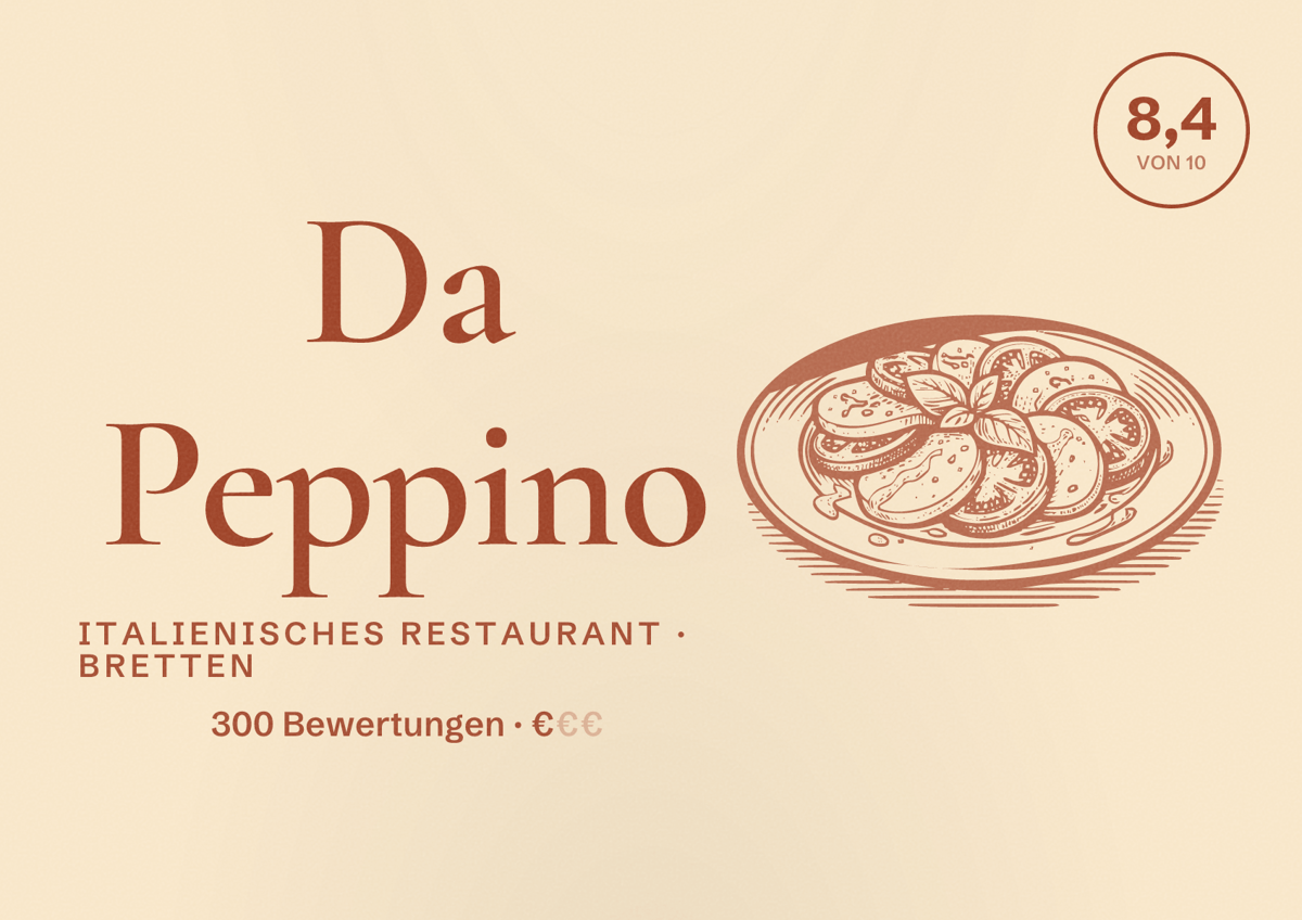 Illustriertes Poster von Da Peppino, Italienisches Restaurant in Bretten: Bewertung 8,4 von 10 aus 300 Bewertungen, Preisniveau €