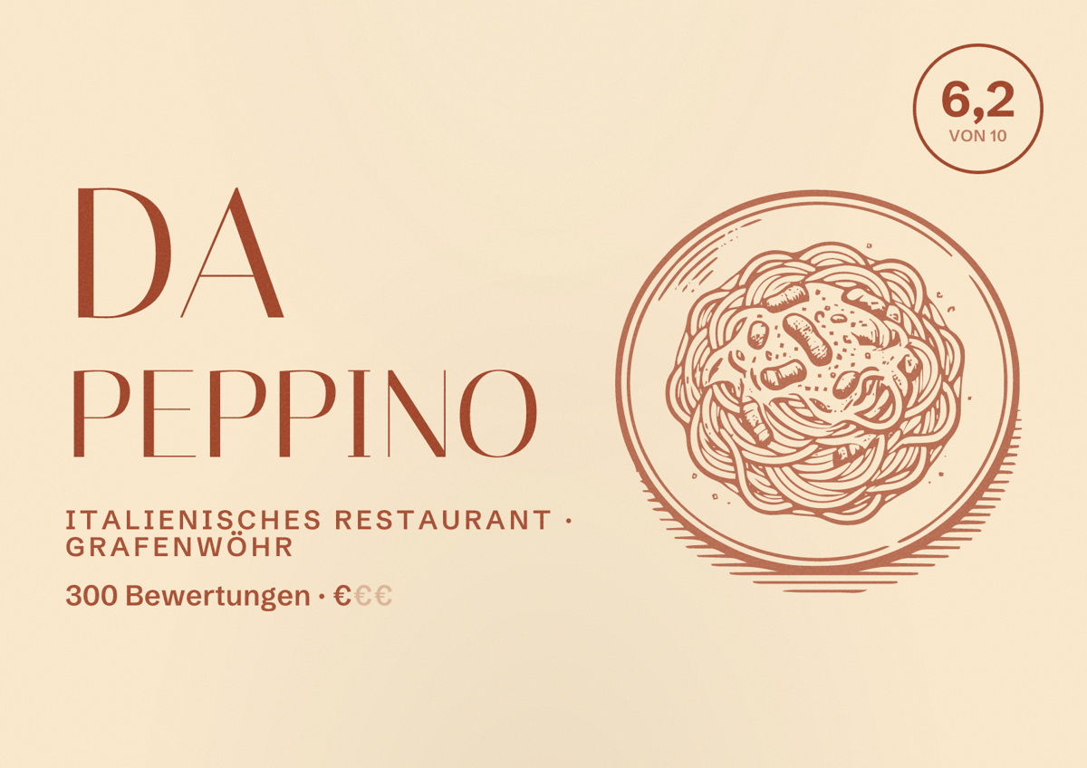 Illustriertes Poster von Da Peppino, Italienisches Restaurant in Grafenwöhr: Bewertung 6,2 von 10 aus 300 Bewertungen, Preisniveau €