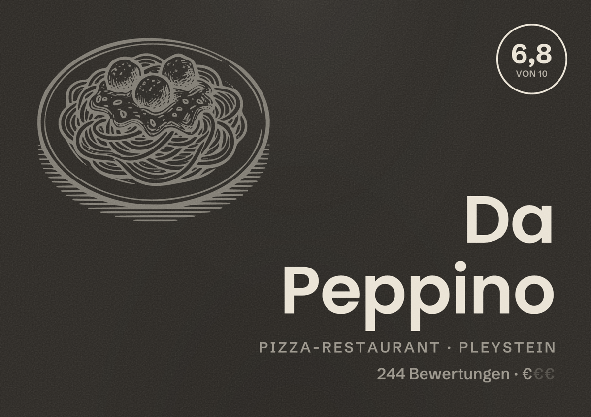 Illustriertes Poster von Da Peppino, Pizza-Restaurant in Pleystein: Bewertung 6,8 von 10 aus 244 Bewertungen, Preisniveau €