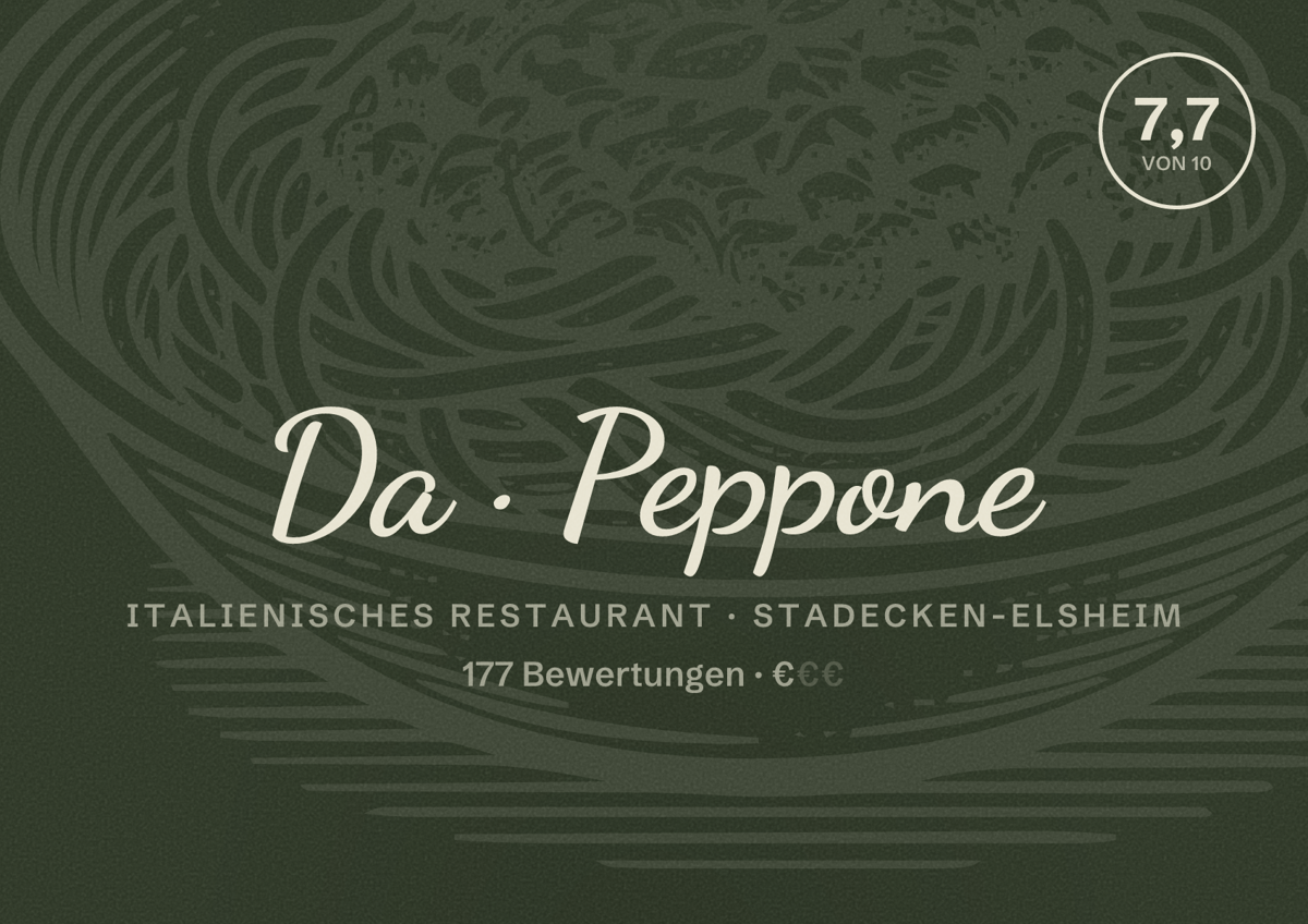 Illustriertes Poster von Da Peppone, Italienisches Restaurant in Stadecken-Elsheim: Bewertung 7,7 von 10 aus 177 Bewertungen, Preisniveau €